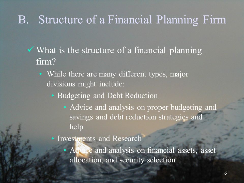 6 B.Structure of a Financial Planning Firm What is the structure of a financial planning firm.
