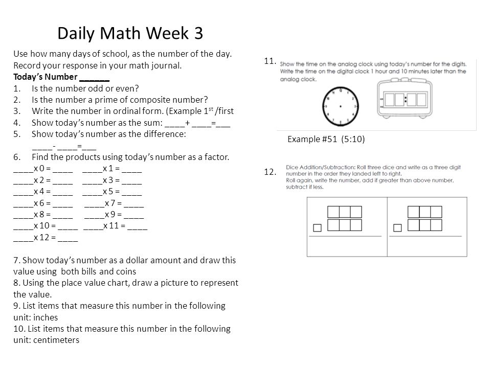Daily Math Week 3 Use how many days of school, as the number of the day.