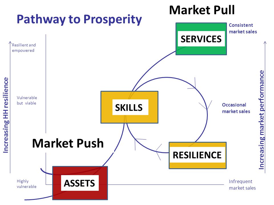 Highly vulnerable Vulnerable but viable RECOVER BUILD GROW Resilient and empowered Increasing HH resilience Increasing market performance Consistent market sales Infrequent market sales Occasional market sales REBOUND Pathway to Prosperity ASSETS SKILLS SERVICES RESILIENCE Market Pull Market Push