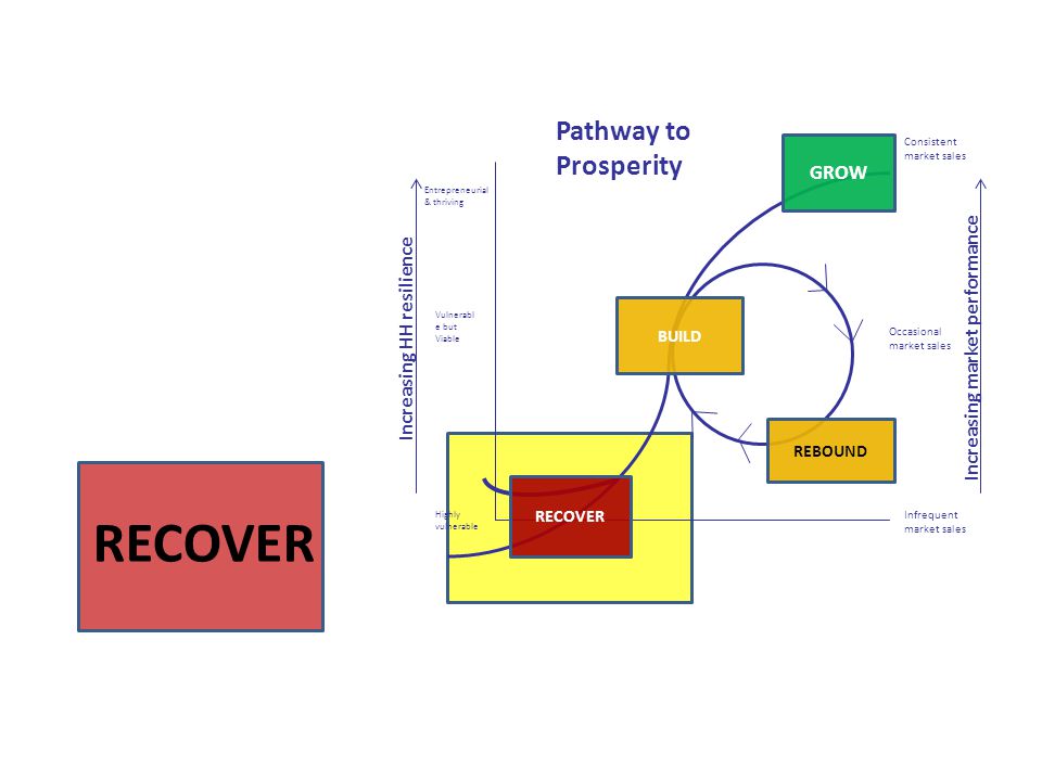 RECOVER Highly vulnerable Vulnerabl e but Viable RECOVER BUILD GROW Entrepreneurial & thriving Increasing HH resilience Increasing market performance Consistent market sales Infrequent market sales Occasional market sales REBOUND Pathway to Prosperity