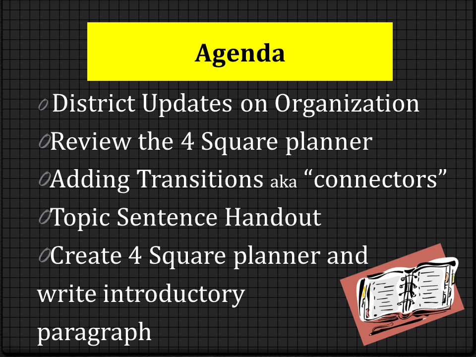 Agenda 0 District Updates on Organization 0 Review the 4 Square planner 0 Adding Transitions aka connectors 0 Topic Sentence Handout 0 Create 4 Square planner and write introductory paragraph