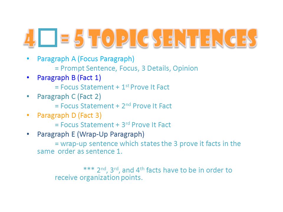 Paragraph A (Focus Paragraph) = Prompt Sentence, Focus, 3 Details, Opinion Paragraph B (Fact 1) = Focus Statement + 1 st Prove It Fact Paragraph C (Fact 2) = Focus Statement + 2 nd Prove It Fact Paragraph D (Fact 3) = Focus Statement + 3 rd Prove It Fact Paragraph E (Wrap-Up Paragraph) = wrap-up sentence which states the 3 prove it facts in the same order as sentence 1.