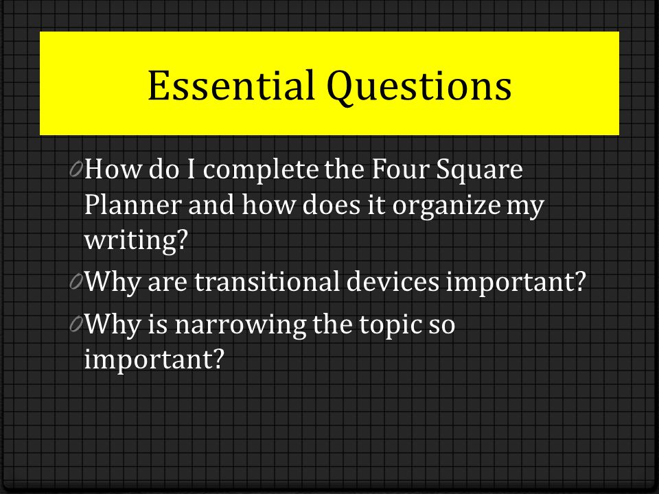 Essential Questions 0 How do I complete the Four Square Planner and how does it organize my writing.