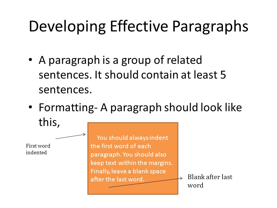Developing Effective Paragraphs A paragraph is a group of related sentences.