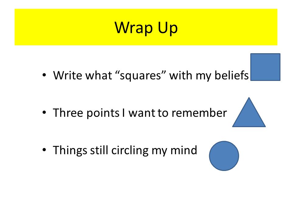 Wrap Up Write what squares with my beliefs Three points I want to remember Things still circling my mind