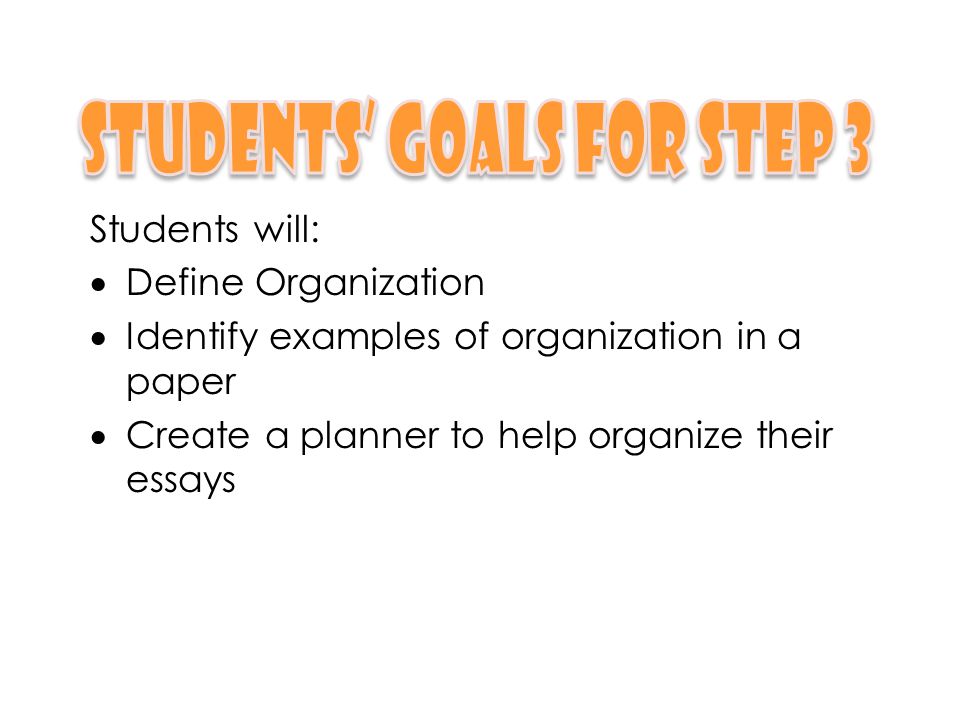 Students will:  Define Organization  Identify examples of organization in a paper  Create a planner to help organize their essays