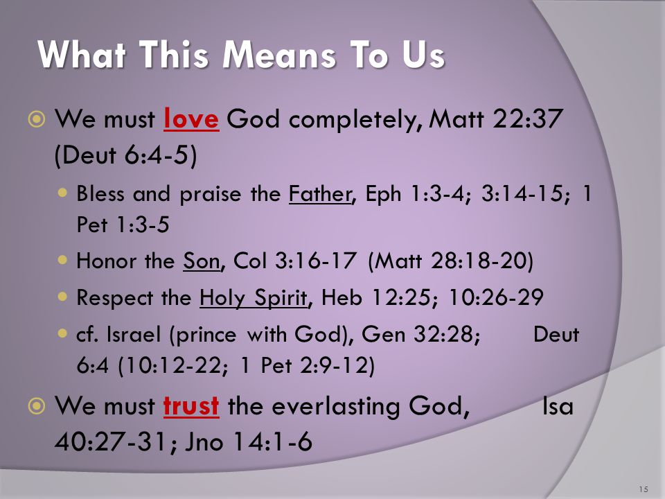 What This Means To Us  We must love God completely, Matt 22:37 (Deut 6:4-5) Bless and praise the Father, Eph 1:3-4; 3:14-15; 1 Pet 1:3-5 Honor the Son, Col 3:16-17 (Matt 28:18-20) Respect the Holy Spirit, Heb 12:25; 10:26-29 cf.