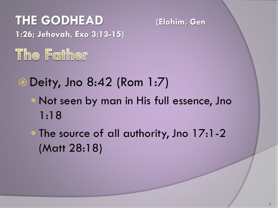 THE GODHEAD (Elohim, Gen 1:26; Jehovah, Exo 3:13-15)  Deity, Jno 8:42 (Rom 1:7) Not seen by man in His full essence, Jno 1:18 The source of all authority, Jno 17:1-2 (Matt 28:18) 5