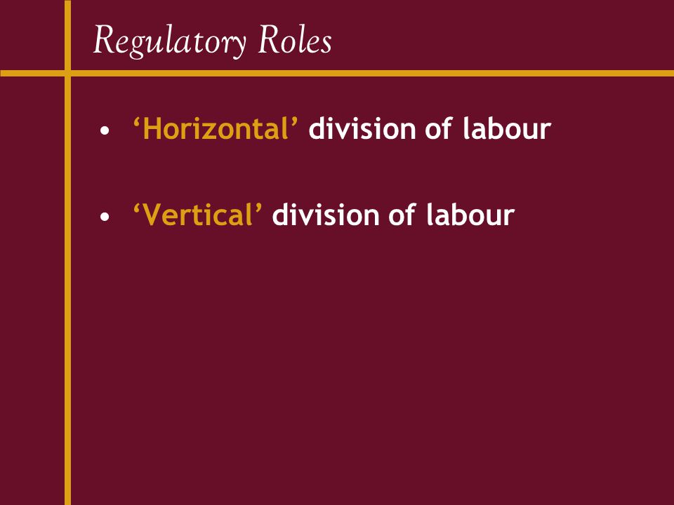 Regulatory Roles ‘Horizontal’ division of labour ‘Vertical’ division of labour