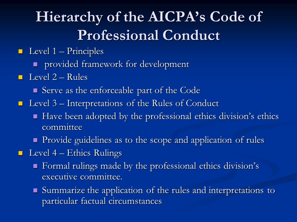 Hierarchy of the AICPA’s Code of Professional Conduct Level 1 – Principles Level 1 – Principles provided framework for development provided framework for development Level 2 – Rules Level 2 – Rules Serve as the enforceable part of the Code Serve as the enforceable part of the Code Level 3 – Interpretations of the Rules of Conduct Level 3 – Interpretations of the Rules of Conduct Have been adopted by the professional ethics division’s ethics committee Have been adopted by the professional ethics division’s ethics committee Provide guidelines as to the scope and application of rules Provide guidelines as to the scope and application of rules Level 4 – Ethics Rulings Level 4 – Ethics Rulings Formal rulings made by the professional ethics division’s executive committee.