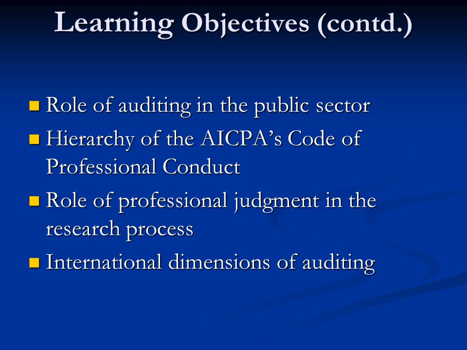 Learning Objectives (contd.) Role of auditing in the public sector Role of auditing in the public sector Hierarchy of the AICPA’s Code of Professional Conduct Hierarchy of the AICPA’s Code of Professional Conduct Role of professional judgment in the research process Role of professional judgment in the research process International dimensions of auditing International dimensions of auditing
