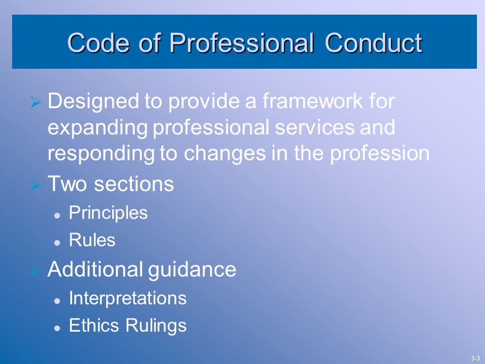Code of Professional Conduct  Designed to provide a framework for expanding professional services and responding to changes in the profession  Two sections Principles Rules  Additional guidance Interpretations Ethics Rulings 3-3