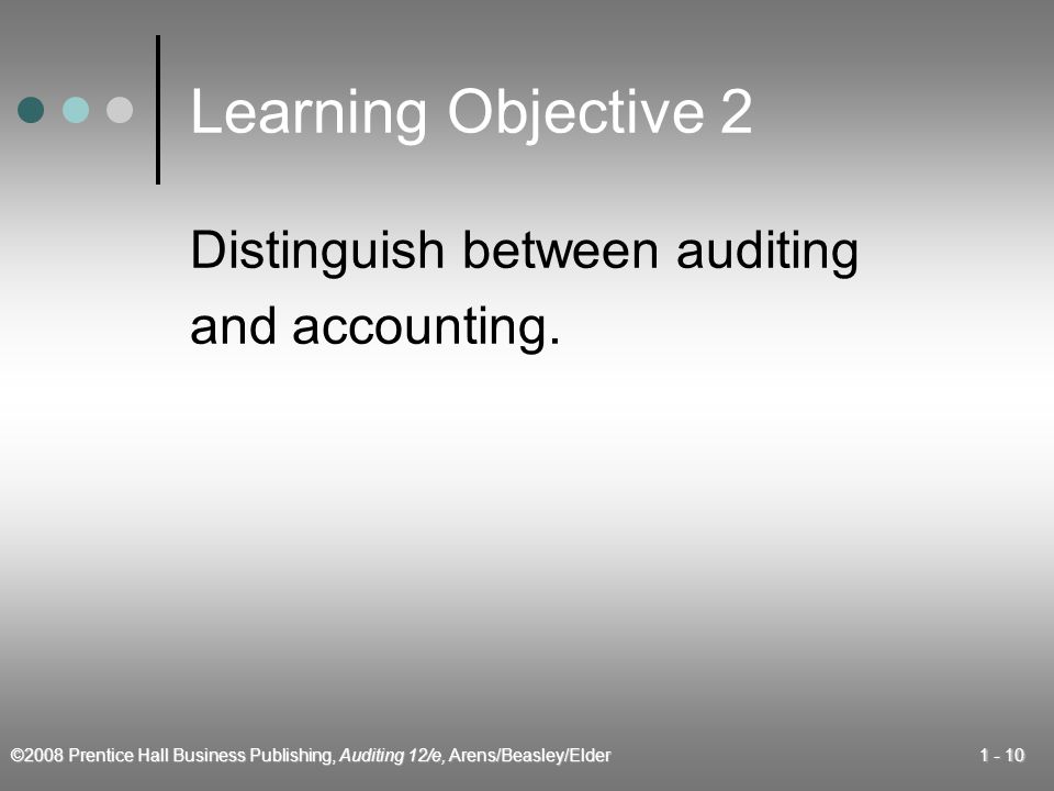 ©2008 Prentice Hall Business Publishing, Auditing 12/e, Arens/Beasley/Elder Learning Objective 2 Distinguish between auditing and accounting.