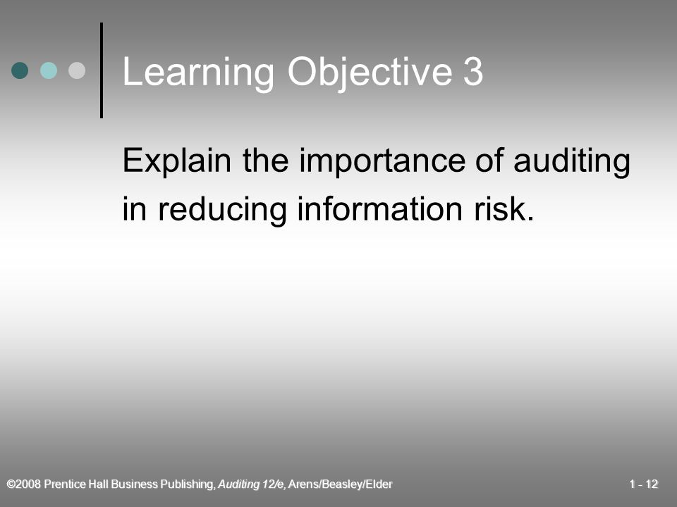 ©2008 Prentice Hall Business Publishing, Auditing 12/e, Arens/Beasley/Elder Learning Objective 3 Explain the importance of auditing in reducing information risk.