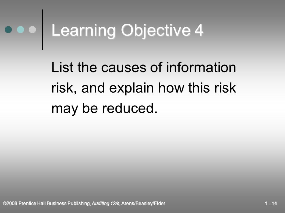 ©2008 Prentice Hall Business Publishing, Auditing 12/e, Arens/Beasley/Elder Learning Objective 4 List the causes of information risk, and explain how this risk may be reduced.