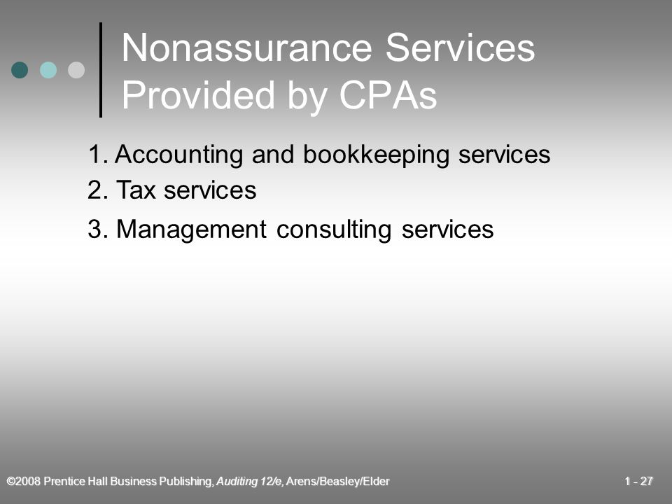©2008 Prentice Hall Business Publishing, Auditing 12/e, Arens/Beasley/Elder Nonassurance Services Provided by CPAs 1.