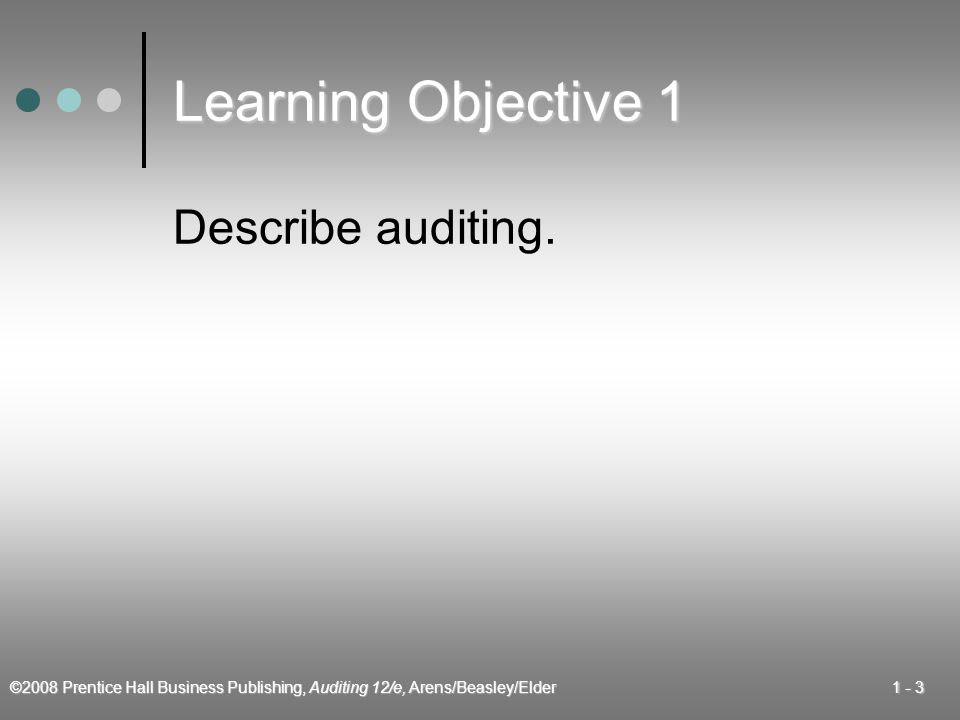 ©2008 Prentice Hall Business Publishing, Auditing 12/e, Arens/Beasley/Elder Learning Objective 1 Describe auditing.