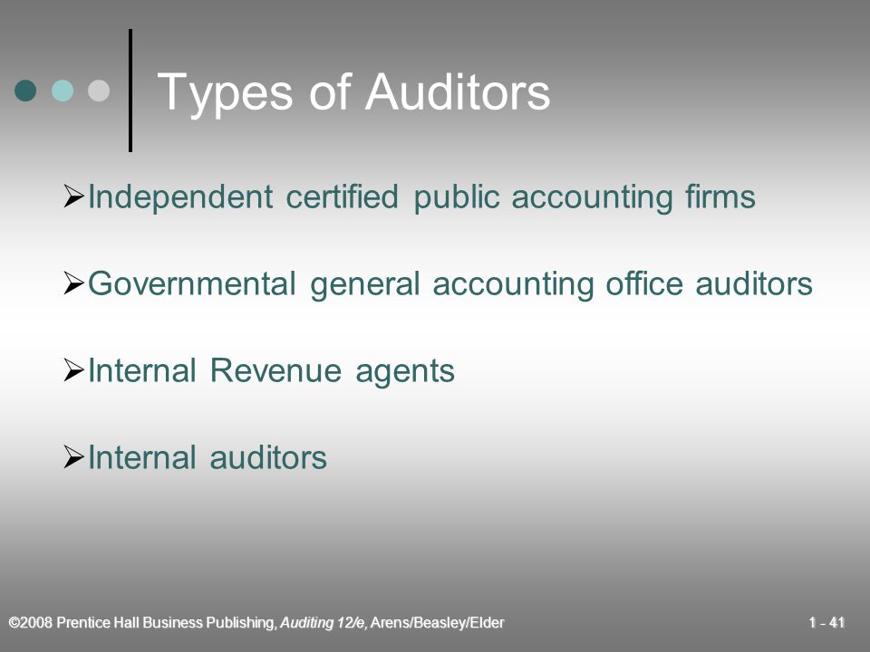 ©2008 Prentice Hall Business Publishing, Auditing 12/e, Arens/Beasley/Elder Types of Auditors  Internal auditors  Independent certified public accounting firms  Internal Revenue agents  Governmental general accounting office auditors