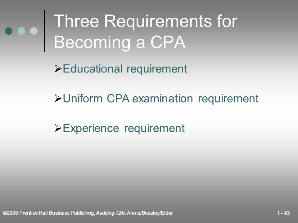 ©2008 Prentice Hall Business Publishing, Auditing 12/e, Arens/Beasley/Elder Three Requirements for Becoming a CPA  Educational requirement  Uniform CPA examination requirement  Experience requirement