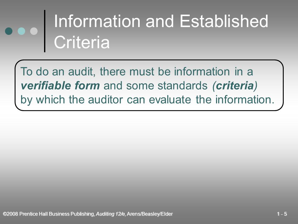 ©2008 Prentice Hall Business Publishing, Auditing 12/e, Arens/Beasley/Elder Information and Established Criteria To do an audit, there must be information in a verifiable form and some standards (criteria) by which the auditor can evaluate the information.