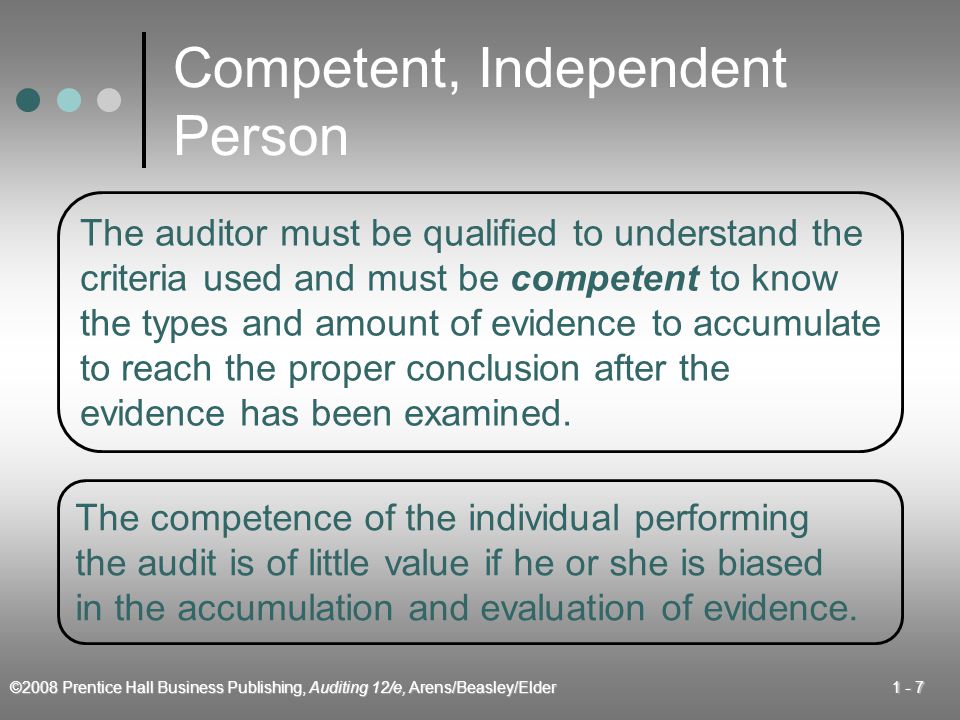 ©2008 Prentice Hall Business Publishing, Auditing 12/e, Arens/Beasley/Elder Competent, Independent Person The auditor must be qualified to understand the criteria used and must be competent to know the types and amount of evidence to accumulate to reach the proper conclusion after the evidence has been examined.