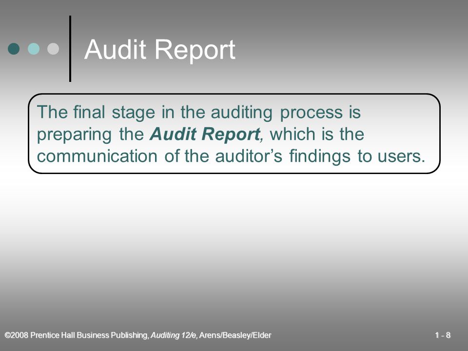 ©2008 Prentice Hall Business Publishing, Auditing 12/e, Arens/Beasley/Elder Audit Report The final stage in the auditing process is preparing the Audit Report, which is the communication of the auditor’s findings to users.