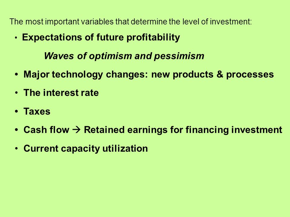 Expectations of future profitability Waves of optimism and pessimism Major technology changes: new products & processes The interest rate Taxes Cash flow  Retained earnings for financing investment Current capacity utilization The most important variables that determine the level of investment: