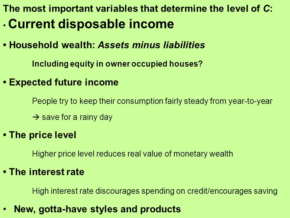 Current disposable income Household wealth: Assets minus liabilities Including equity in owner occupied houses.