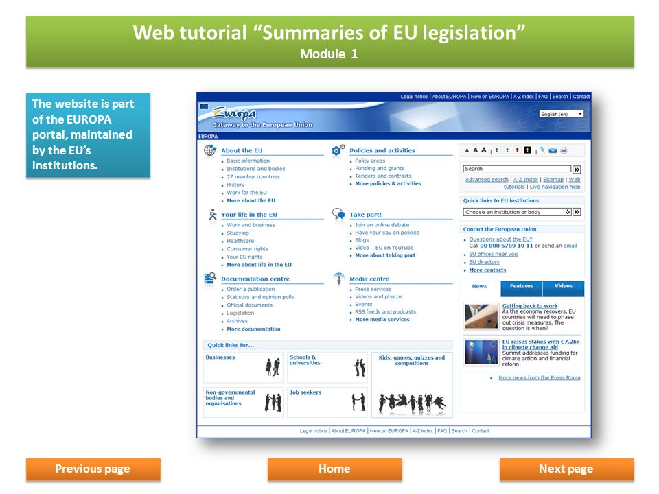 The website is part of the EUROPA portal, maintained by the EU’s institutions.