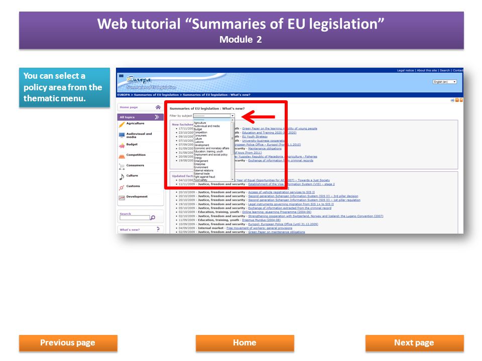You can select a policy area from the thematic menu.