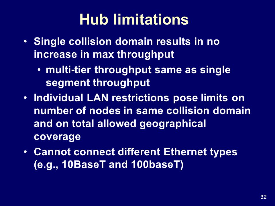 32 Hub limitations Single collision domain results in no increase in max throughput multi-tier throughput same as single segment throughput Individual LAN restrictions pose limits on number of nodes in same collision domain and on total allowed geographical coverage Cannot connect different Ethernet types (e.g., 10BaseT and 100baseT)