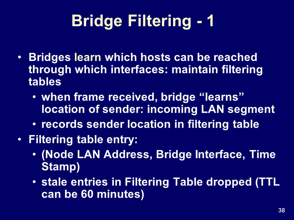 38 Bridge Filtering - 1 Bridges learn which hosts can be reached through which interfaces: maintain filtering tables when frame received, bridge learns location of sender: incoming LAN segment records sender location in filtering table Filtering table entry: (Node LAN Address, Bridge Interface, Time Stamp) stale entries in Filtering Table dropped (TTL can be 60 minutes)