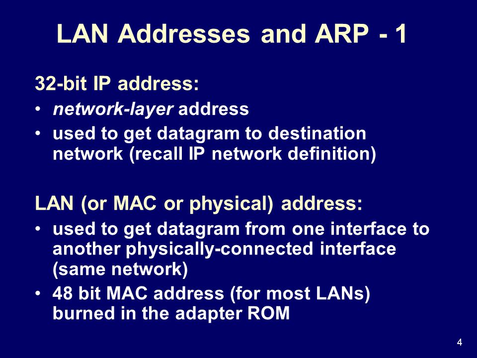 4 LAN Addresses and ARP bit IP address: network-layer address used to get datagram to destination network (recall IP network definition) LAN (or MAC or physical) address: used to get datagram from one interface to another physically-connected interface (same network) 48 bit MAC address (for most LANs) burned in the adapter ROM