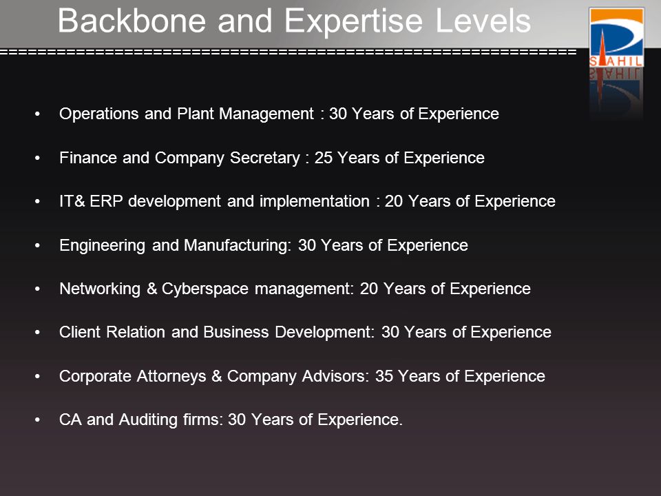 ============================================================== Backbone and Expertise Levels Operations and Plant Management : 30 Years of Experience Finance and Company Secretary : 25 Years of Experience IT& ERP development and implementation : 20 Years of Experience Engineering and Manufacturing: 30 Years of Experience Networking & Cyberspace management: 20 Years of Experience Client Relation and Business Development: 30 Years of Experience Corporate Attorneys & Company Advisors: 35 Years of Experience CA and Auditing firms: 30 Years of Experience.