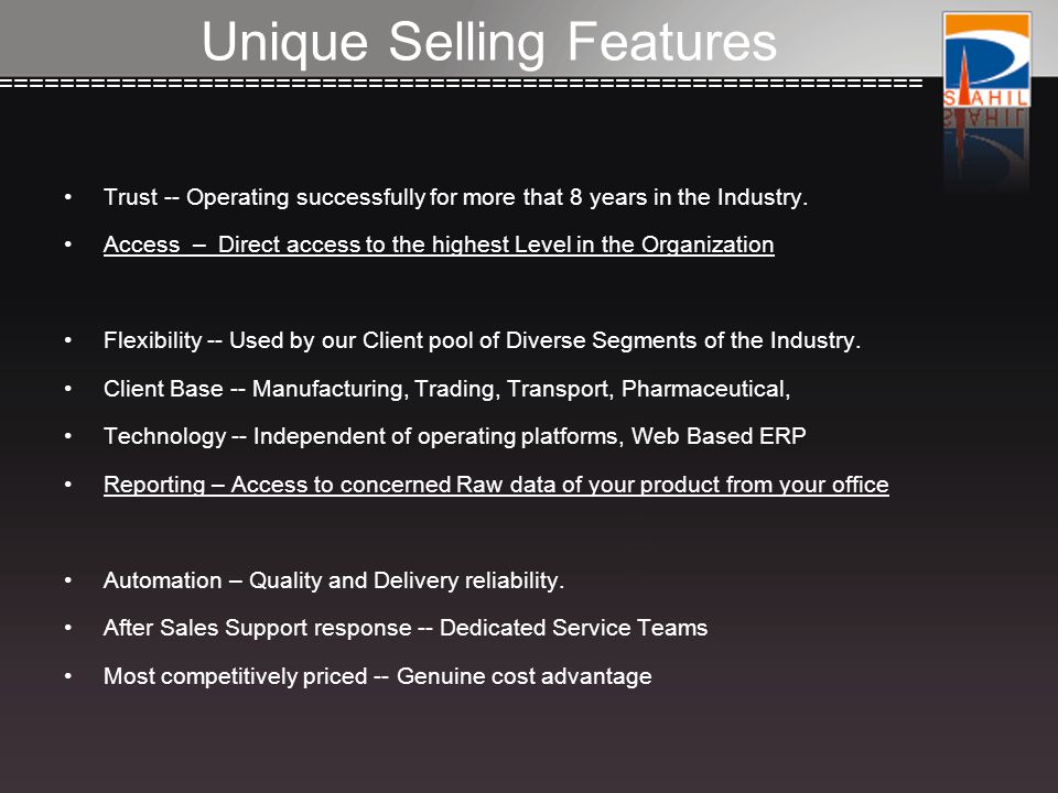 ============================================================== Unique Selling Features Trust -- Operating successfully for more that 8 years in the Industry.