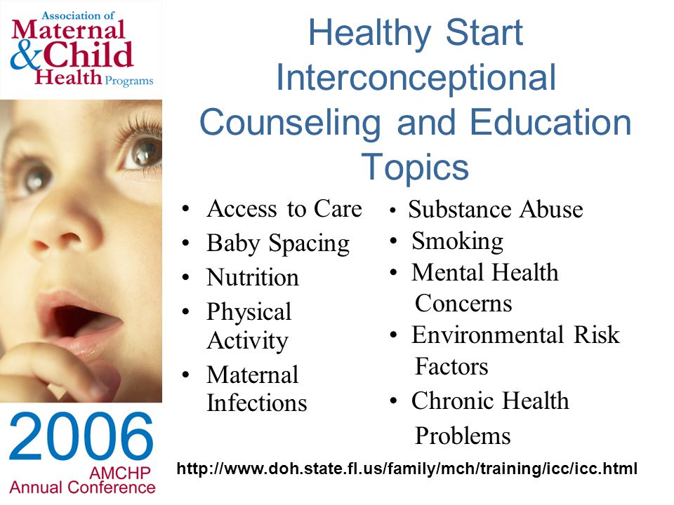 Healthy Start Interconceptional Counseling and Education Topics Access to Care Baby Spacing Nutrition Physical Activity Maternal Infections Substance Abuse Smoking Mental Health Concerns Environmental Risk Factors Chronic Health Problems