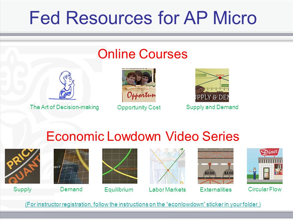 Fed Resources for AP Micro Online Courses Economic Lowdown Video Series The Art of Decision-making Opportunity Cost Supply and Demand Labor MarketsEquilibriumExternalities Circular FlowDemandSupply (For instructor registration, follow the instructions on the econlowdown sticker in your folder.)