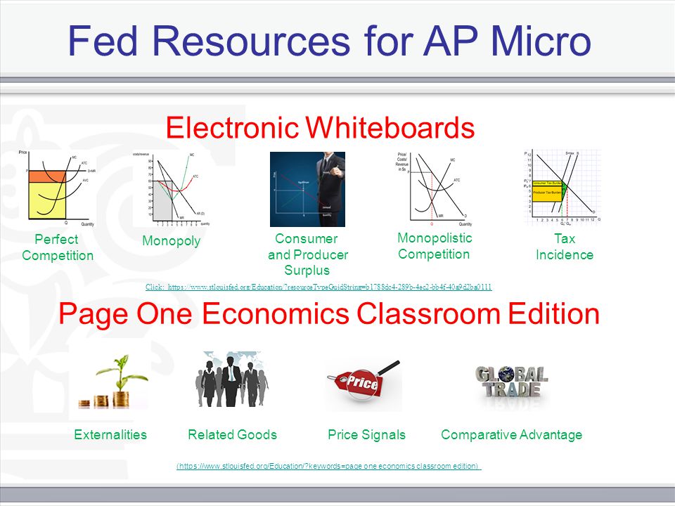 Fed Resources for AP Micro Electronic Whiteboards Page One Economics Classroom Edition Monopoly Perfect Competition Monopolistic Competition Price SignalsRelated GoodsExternalities (  keywords=page one economics classroom edition) Consumer and Producer Surplus Tax Incidence Click:   resourceTypeGuidString=b1788dc4-289b-4ec2-bb4f-40a9d2ba0111 Comparative Advantage
