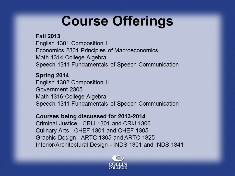 Course Offerings Fall 2013 English 1301 Composition I Economics 2301 Principles of Macroeconomics Math 1314 College Algebra Speech 1311 Fundamentals of Speech Communication Spring 2014 English 1302 Composition II Government 2305 Math 1316 College Algebra Speech 1311 Fundamentals of Speech Communication Courses being discussed for Criminal Justice - CRIJ 1301 and CRIJ 1306 Culinary Arts - CHEF 1301 and CHEF 1305 Graphic Design - ARTC 1305 and ARTC 1325 Interior/Architectural Design - INDS 1301 and INDS 1341