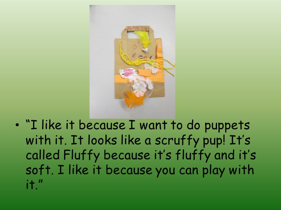I like it because I want to do puppets with it. It looks like a scruffy pup.