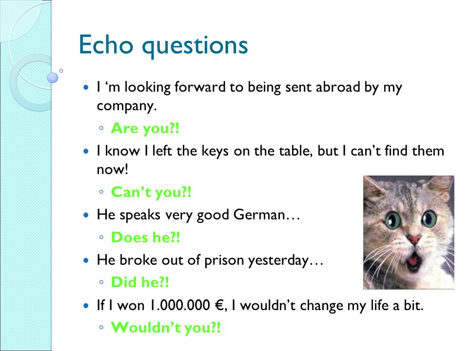 Echo questions I ‘m looking forward to being sent abroad by my company.
