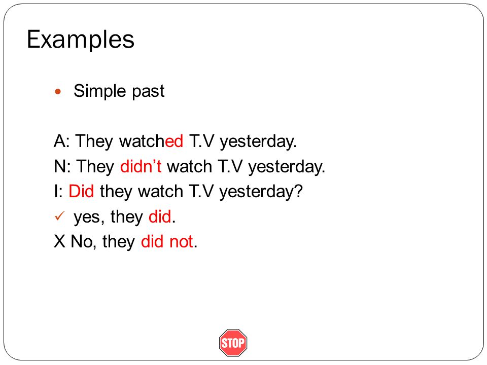 Examples Simple past A: They watched T.V yesterday.
