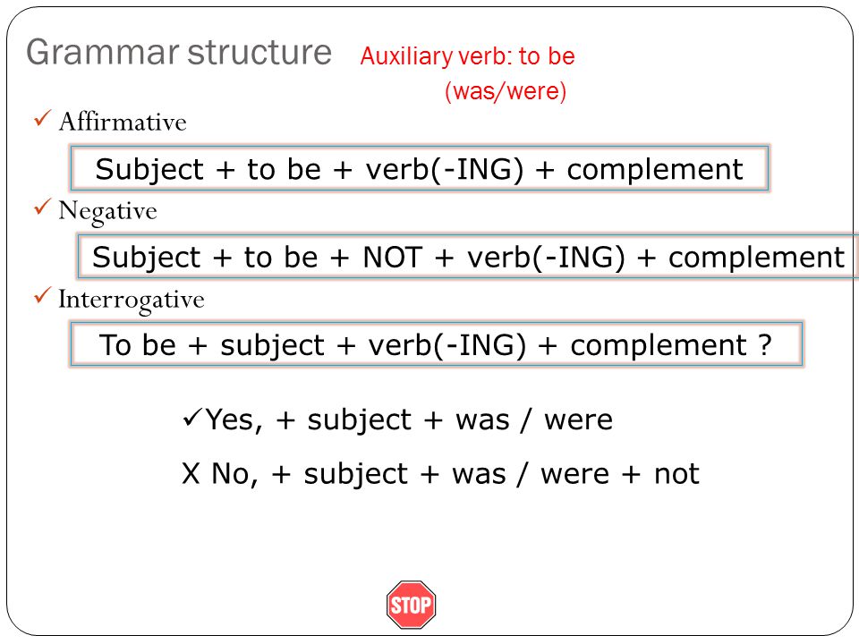 Grammar structure Auxiliary verb: to be (was/were) Affirmative Negative Interrogative Subject + to be + verb(-ING) + complement Subject + to be + NOT + verb(-ING) + complement To be + subject + verb(-ING) + complement .