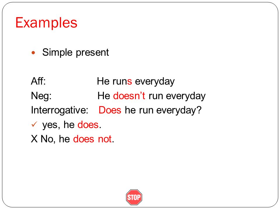 Examples Simple present Aff: He runs everyday Neg: He doesn’t run everyday Interrogative: Does he run everyday.