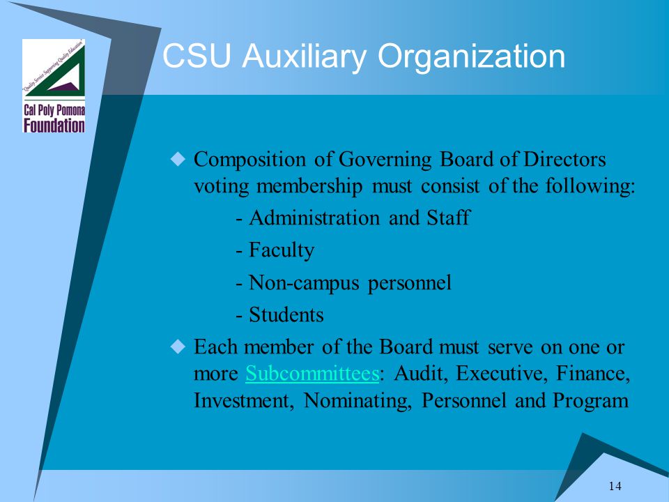 14 CSU Auxiliary Organization  Composition of Governing Board of Directors voting membership must consist of the following: - Administration and Staff - Faculty - Non-campus personnel - Students  Each member of the Board must serve on one or more Subcommittees: Audit, Executive, Finance, Investment, Nominating, Personnel and ProgramSubcommittees