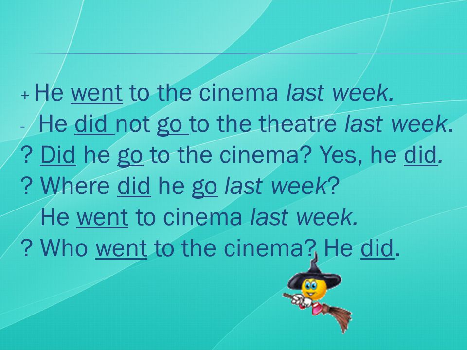 + He went to the cinema last week. - He did not go to the theatre last week.
