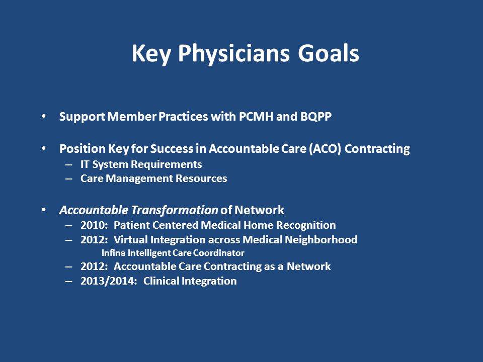 Key Physicians Goals Support Member Practices with PCMH and BQPP Position Key for Success in Accountable Care (ACO) Contracting – IT System Requirements – Care Management Resources Accountable Transformation of Network – 2010: Patient Centered Medical Home Recognition – 2012: Virtual Integration across Medical Neighborhood Infina Intelligent Care Coordinator – 2012: Accountable Care Contracting as a Network – 2013/2014: Clinical Integration