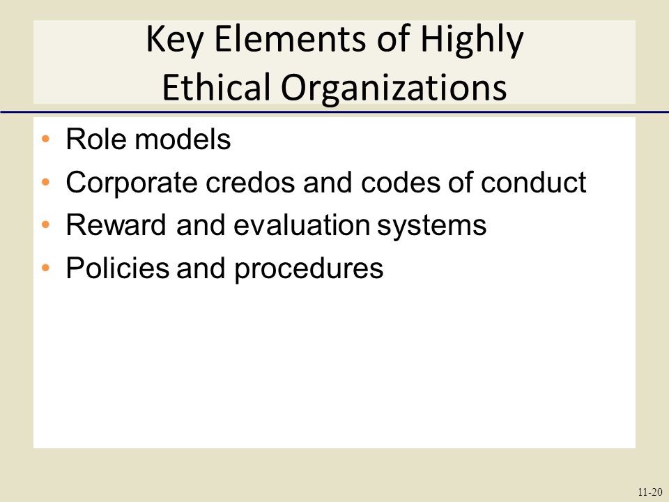 Key Elements of Highly Ethical Organizations Role models Corporate credos and codes of conduct Reward and evaluation systems Policies and procedures 11-20