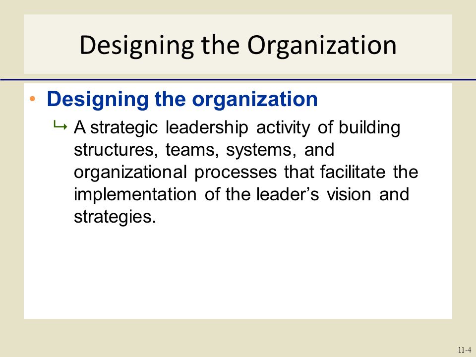Designing the Organization Designing the organization  A strategic leadership activity of building structures, teams, systems, and organizational processes that facilitate the implementation of the leader’s vision and strategies.