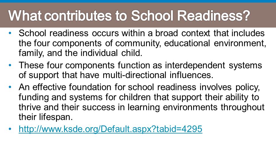 School readiness occurs within a broad context that includes the four components of community, educational environment, family, and the individual child.